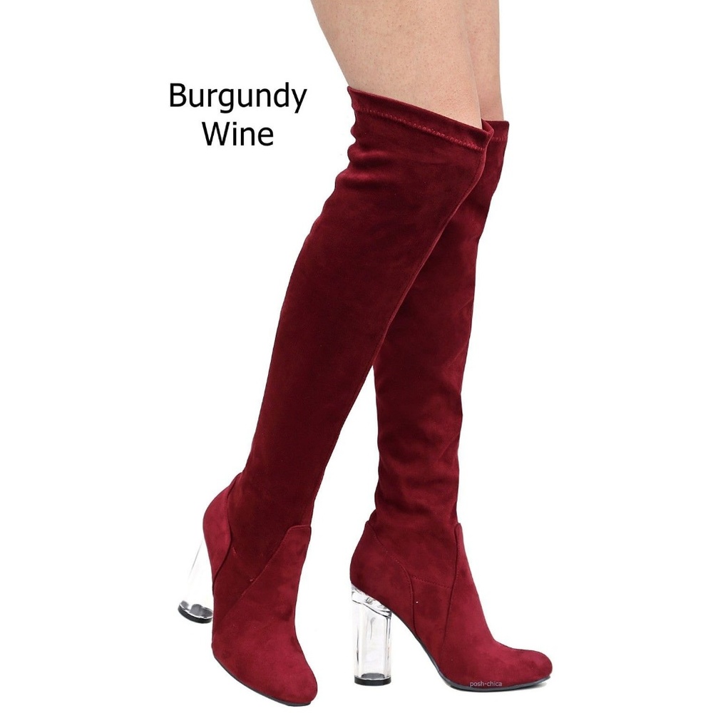 New Wine Stretch Suede Over Knee Clear Heel Boots - Picture 2 of 3